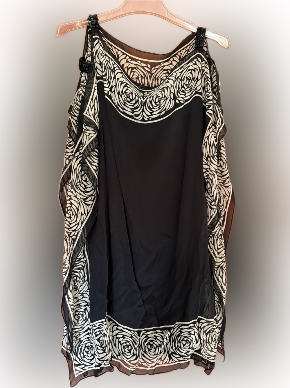 MARCHESA NOTTE Black Sheer Floral Trim Tank/Scarf Dress 100% Silk